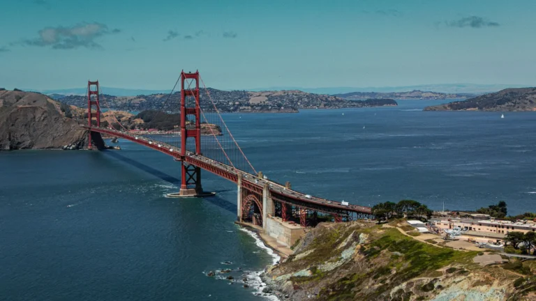 The Golden Gate Bridge looking north toward Sausalito, Belvedere, Tiburon and Angel Island