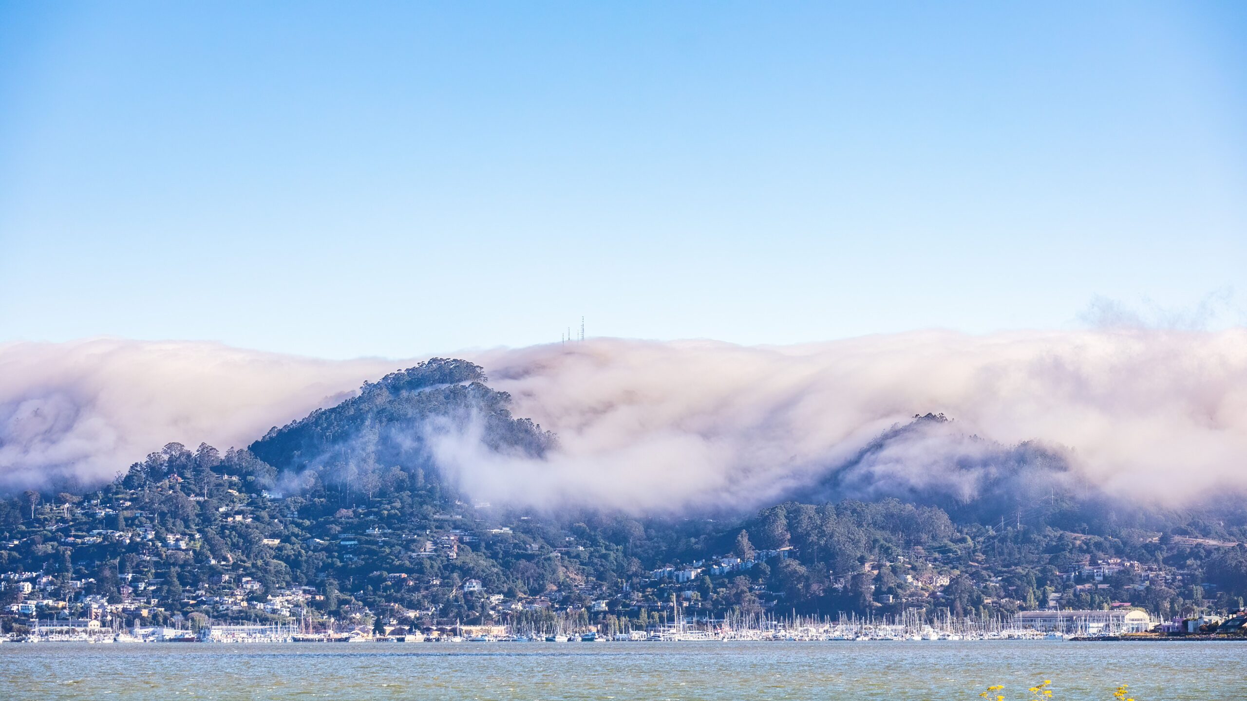 Summer fog pouring over the hills above Sausalito, with hillside homes and marinas on Richardson Bay below a clear blue sky