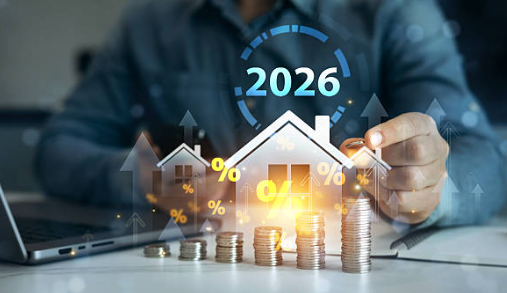 Small house model on stacks of coins with a glowing 2026 graphic, illustrating mortgage payments and 2-1 buydowns